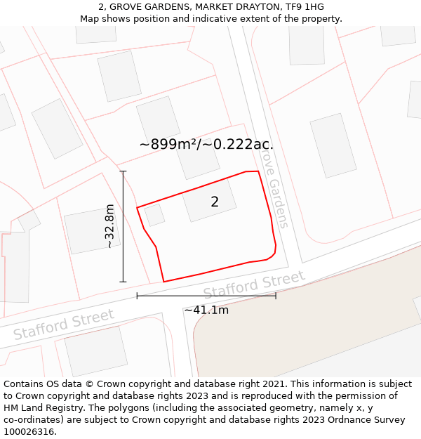 2, GROVE GARDENS, MARKET DRAYTON, TF9 1HG: Plot and title map