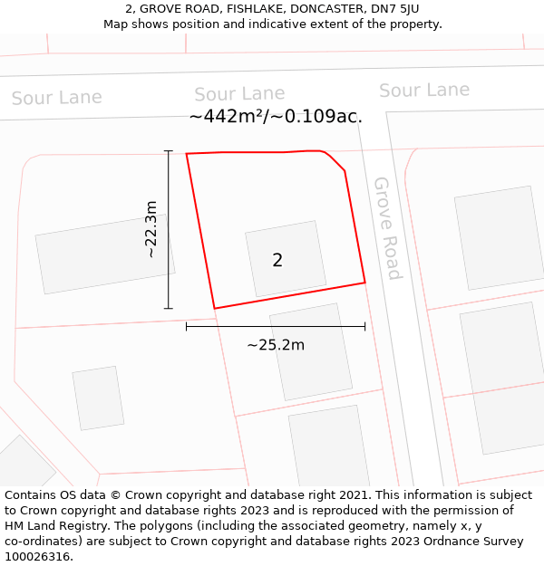 2, GROVE ROAD, FISHLAKE, DONCASTER, DN7 5JU: Plot and title map