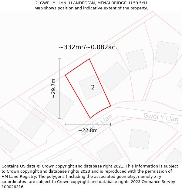 2, GWEL Y LLAN, LLANDEGFAN, MENAI BRIDGE, LL59 5YH: Plot and title map