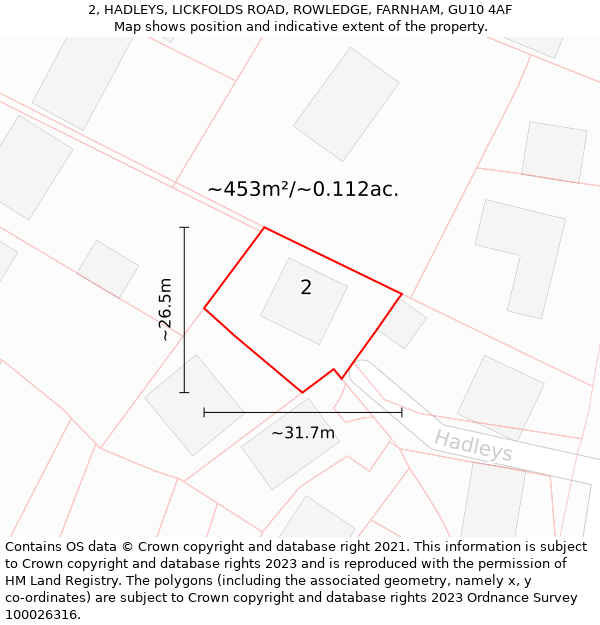 2, HADLEYS, LICKFOLDS ROAD, ROWLEDGE, FARNHAM, GU10 4AF: Plot and title map