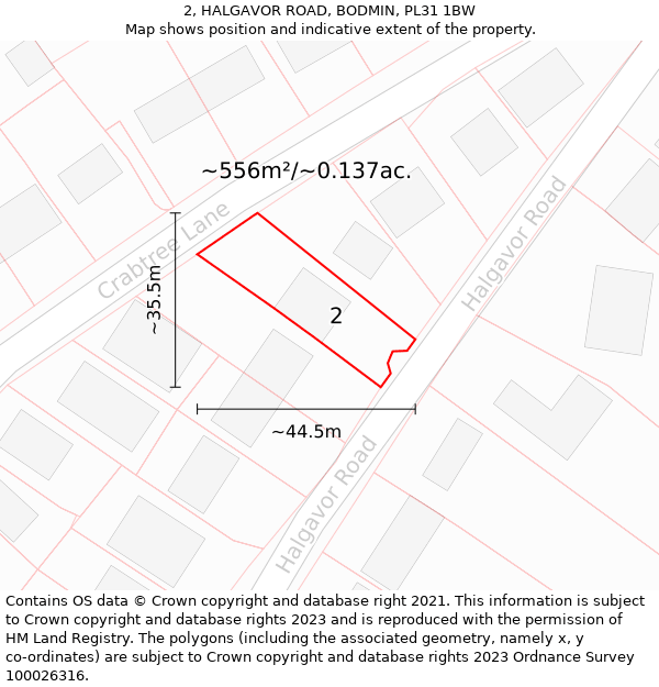 2, HALGAVOR ROAD, BODMIN, PL31 1BW: Plot and title map