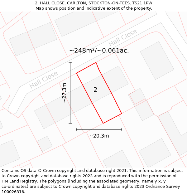 2, HALL CLOSE, CARLTON, STOCKTON-ON-TEES, TS21 1PW: Plot and title map