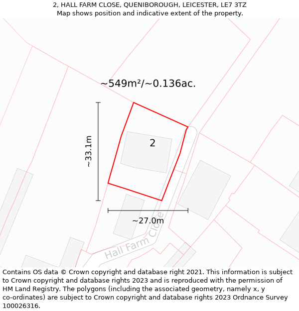 2, HALL FARM CLOSE, QUENIBOROUGH, LEICESTER, LE7 3TZ: Plot and title map