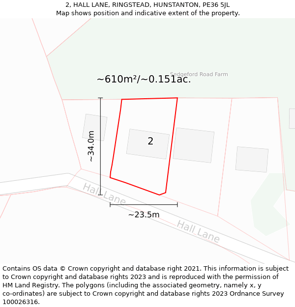 2, HALL LANE, RINGSTEAD, HUNSTANTON, PE36 5JL: Plot and title map