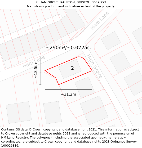 2, HAM GROVE, PAULTON, BRISTOL, BS39 7XT: Plot and title map