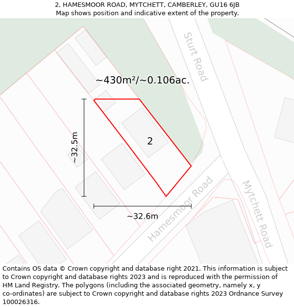 2, HAMESMOOR ROAD, MYTCHETT, CAMBERLEY, GU16 6JB: Plot and title map