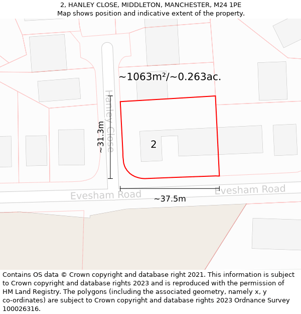 2, HANLEY CLOSE, MIDDLETON, MANCHESTER, M24 1PE: Plot and title map