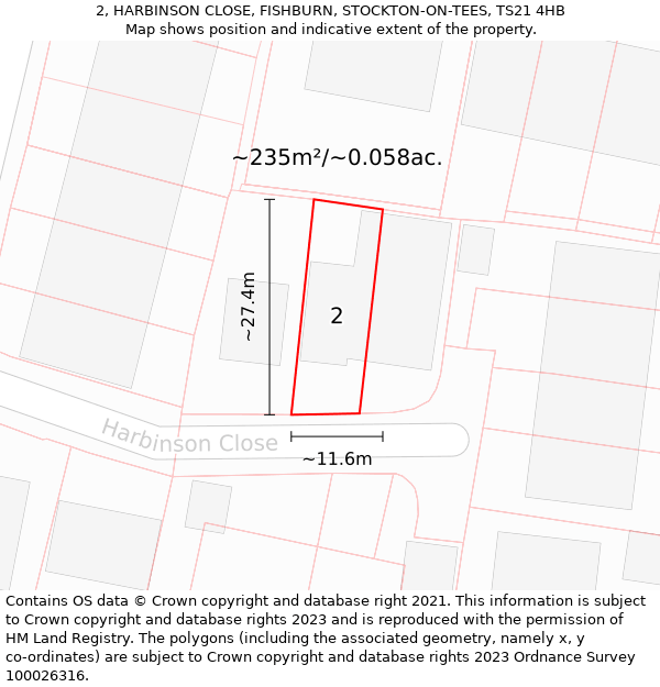 2, HARBINSON CLOSE, FISHBURN, STOCKTON-ON-TEES, TS21 4HB: Plot and title map