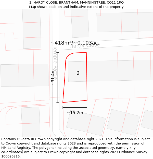 2, HARDY CLOSE, BRANTHAM, MANNINGTREE, CO11 1RQ: Plot and title map