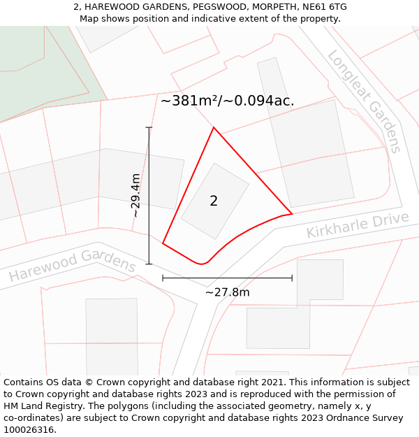 2, HAREWOOD GARDENS, PEGSWOOD, MORPETH, NE61 6TG: Plot and title map