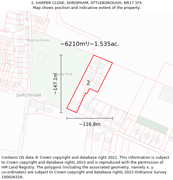 2, HARPER CLOSE, SHROPHAM, ATTLEBOROUGH, NR17 1FX: Plot and title map