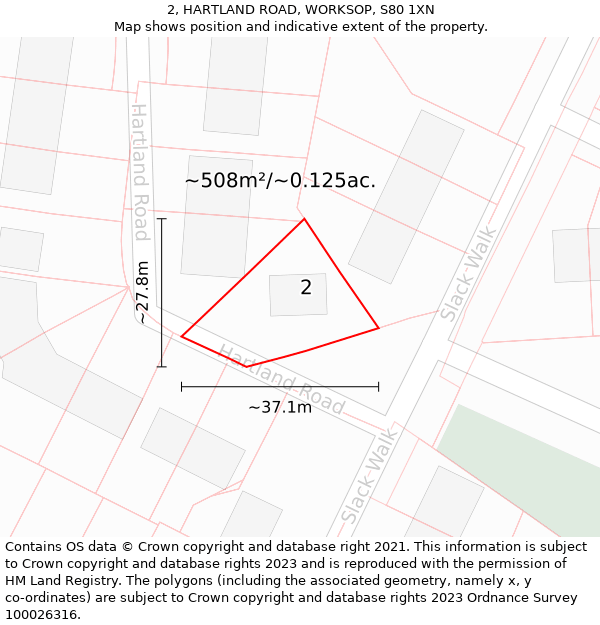 2, HARTLAND ROAD, WORKSOP, S80 1XN: Plot and title map