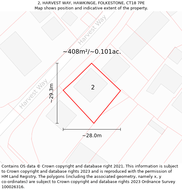 2, HARVEST WAY, HAWKINGE, FOLKESTONE, CT18 7PE: Plot and title map