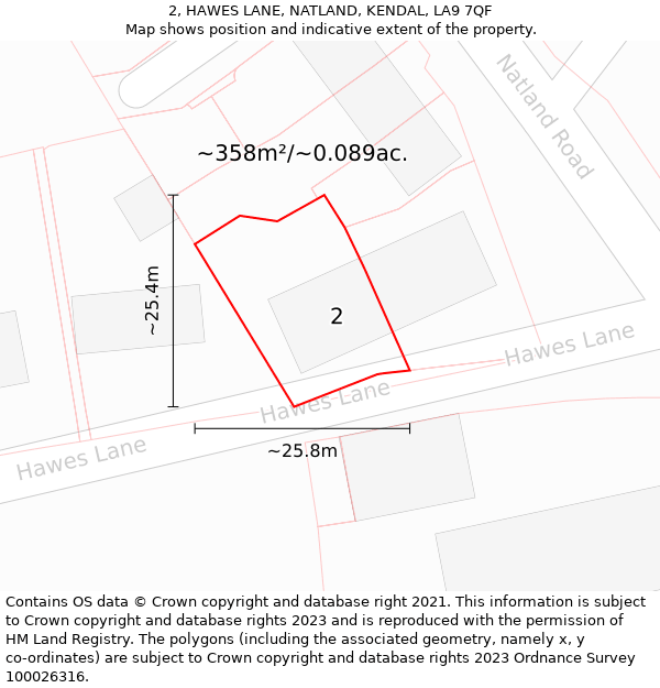 2, HAWES LANE, NATLAND, KENDAL, LA9 7QF: Plot and title map