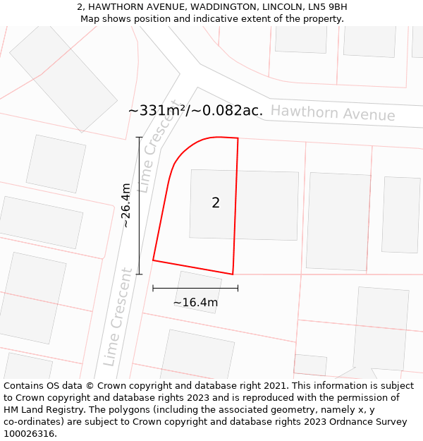 2, HAWTHORN AVENUE, WADDINGTON, LINCOLN, LN5 9BH: Plot and title map