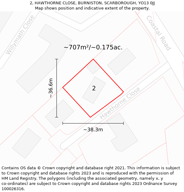 2, HAWTHORNE CLOSE, BURNISTON, SCARBOROUGH, YO13 0JJ: Plot and title map