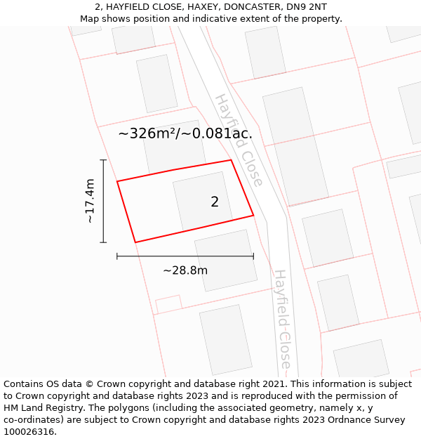 2, HAYFIELD CLOSE, HAXEY, DONCASTER, DN9 2NT: Plot and title map