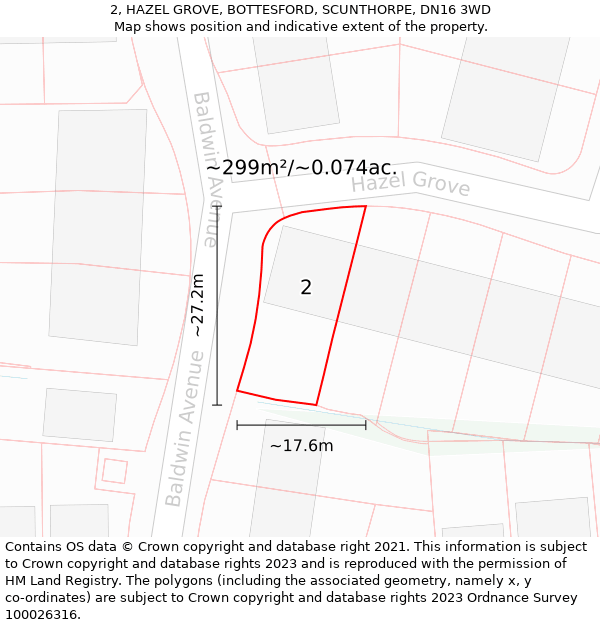 2, HAZEL GROVE, BOTTESFORD, SCUNTHORPE, DN16 3WD: Plot and title map