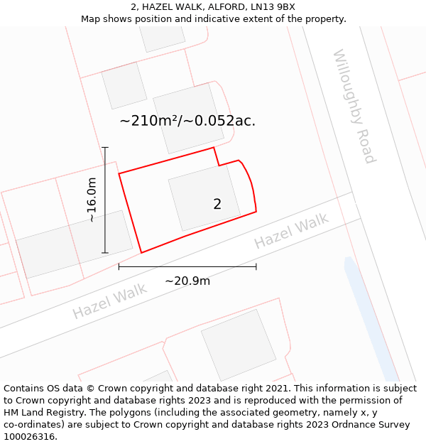 2, HAZEL WALK, ALFORD, LN13 9BX: Plot and title map