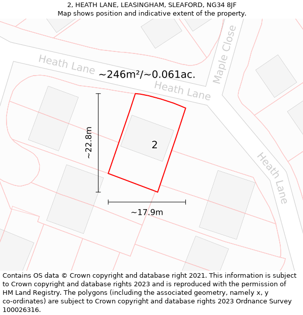 2, HEATH LANE, LEASINGHAM, SLEAFORD, NG34 8JF: Plot and title map