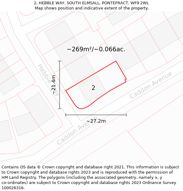 2, HEBBLE WAY, SOUTH ELMSALL, PONTEFRACT, WF9 2WL: Plot and title map