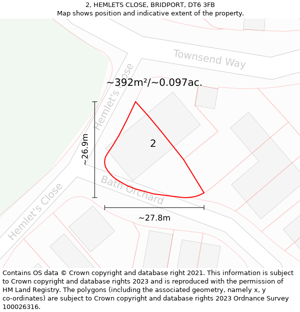 2, HEMLETS CLOSE, BRIDPORT, DT6 3FB: Plot and title map