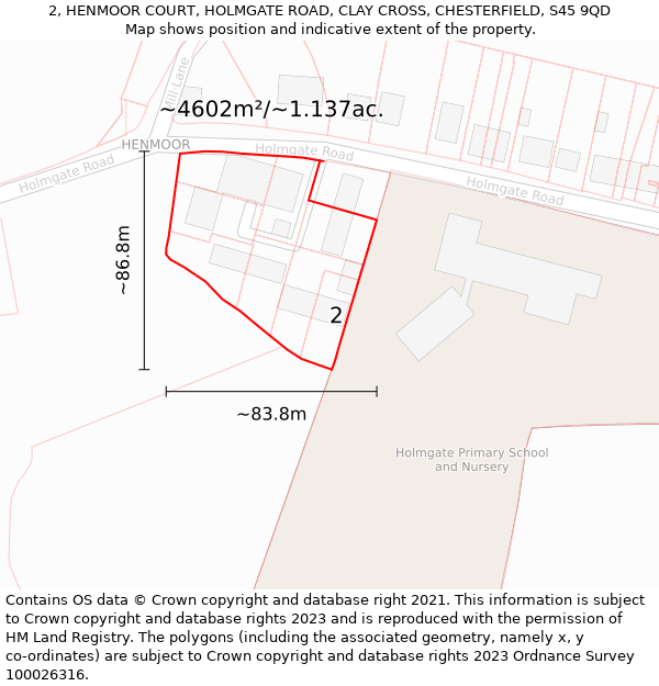 2, HENMOOR COURT, HOLMGATE ROAD, CLAY CROSS, CHESTERFIELD, S45 9QD: Plot and title map