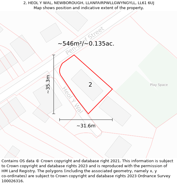 2, HEOL Y WAL, NEWBOROUGH, LLANFAIRPWLLGWYNGYLL, LL61 6UJ: Plot and title map