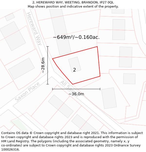 2, HEREWARD WAY, WEETING, BRANDON, IP27 0QL: Plot and title map