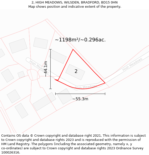 2, HIGH MEADOWS, WILSDEN, BRADFORD, BD15 0HN: Plot and title map