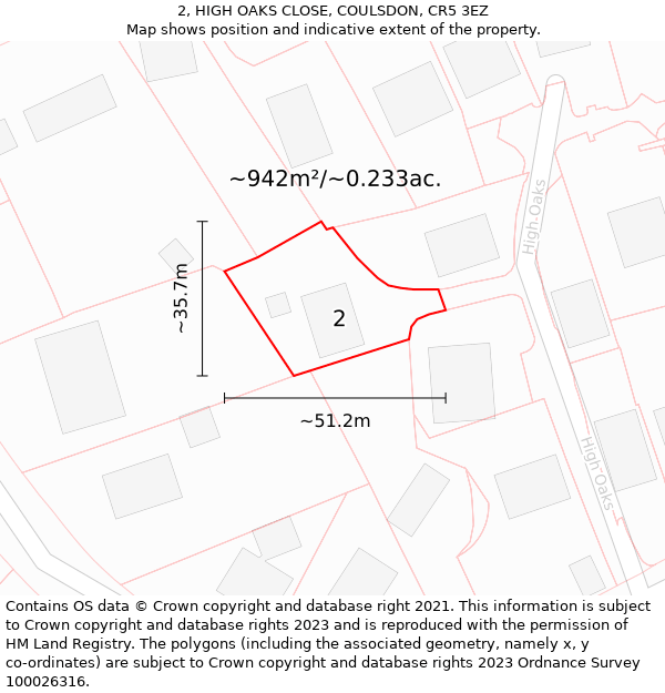 2, HIGH OAKS CLOSE, COULSDON, CR5 3EZ: Plot and title map