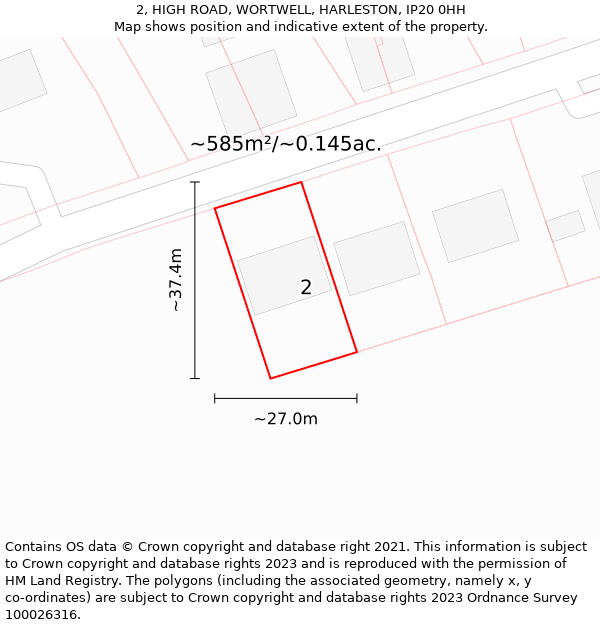 2, HIGH ROAD, WORTWELL, HARLESTON, IP20 0HH: Plot and title map