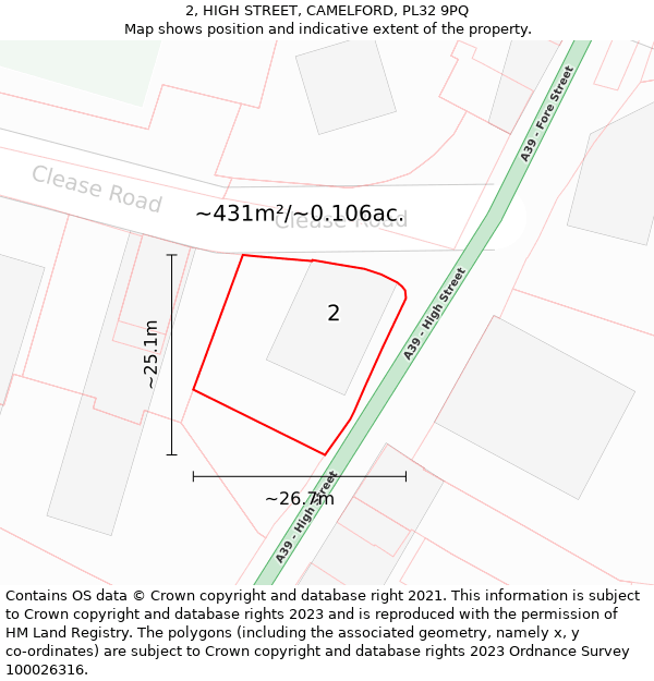2, HIGH STREET, CAMELFORD, PL32 9PQ: Plot and title map