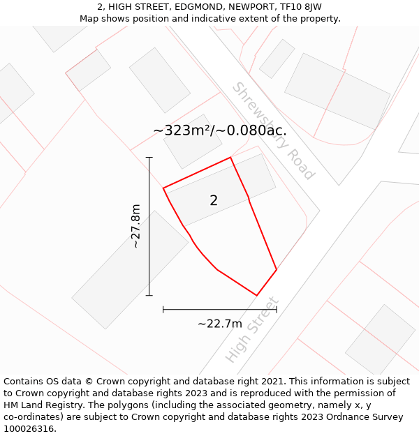 2, HIGH STREET, EDGMOND, NEWPORT, TF10 8JW: Plot and title map