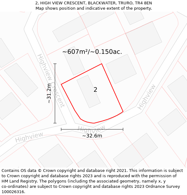 2, HIGH VIEW CRESCENT, BLACKWATER, TRURO, TR4 8EN: Plot and title map