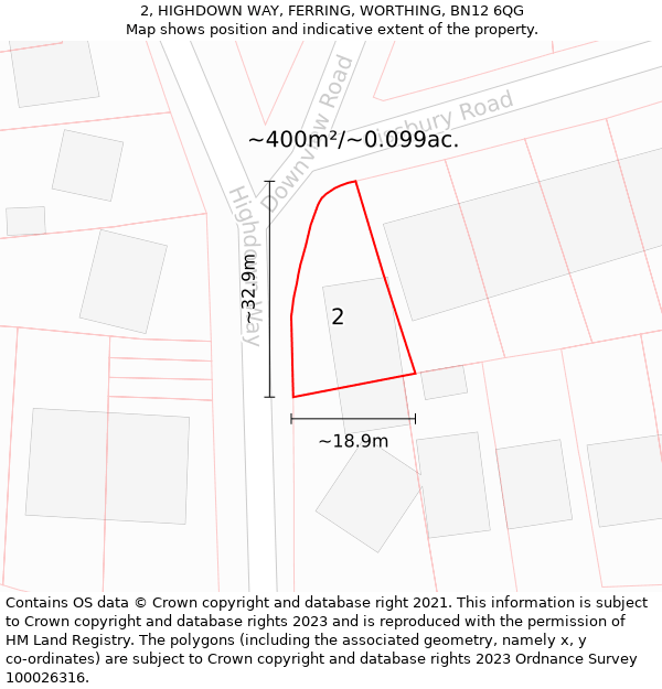 2, HIGHDOWN WAY, FERRING, WORTHING, BN12 6QG: Plot and title map