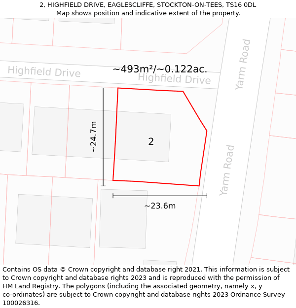 2, HIGHFIELD DRIVE, EAGLESCLIFFE, STOCKTON-ON-TEES, TS16 0DL: Plot and title map