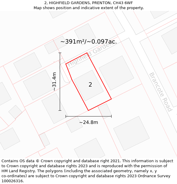 2, HIGHFIELD GARDENS, PRENTON, CH43 6WF: Plot and title map