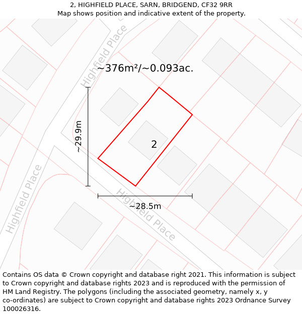 2, HIGHFIELD PLACE, SARN, BRIDGEND, CF32 9RR: Plot and title map