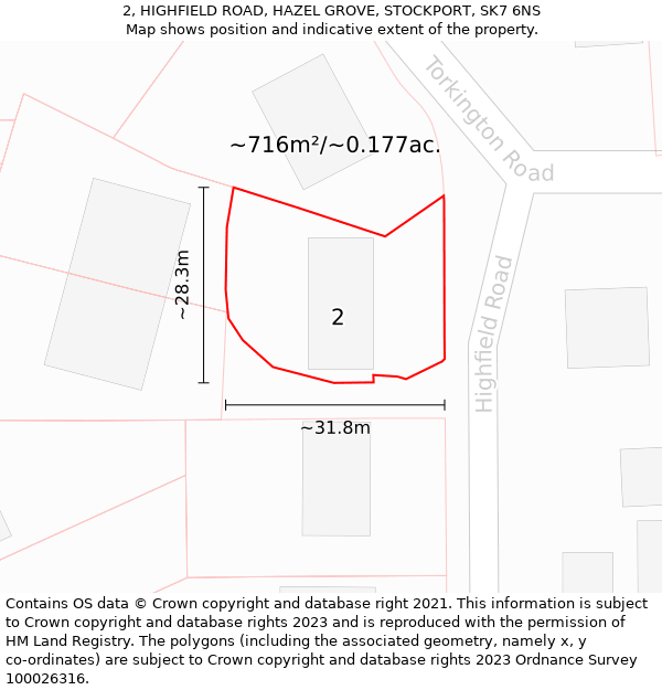 2, HIGHFIELD ROAD, HAZEL GROVE, STOCKPORT, SK7 6NS: Plot and title map