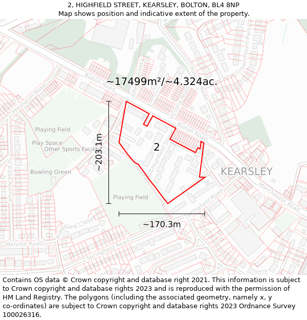 2, HIGHFIELD STREET, KEARSLEY, BOLTON, BL4 8NP: Plot and title map