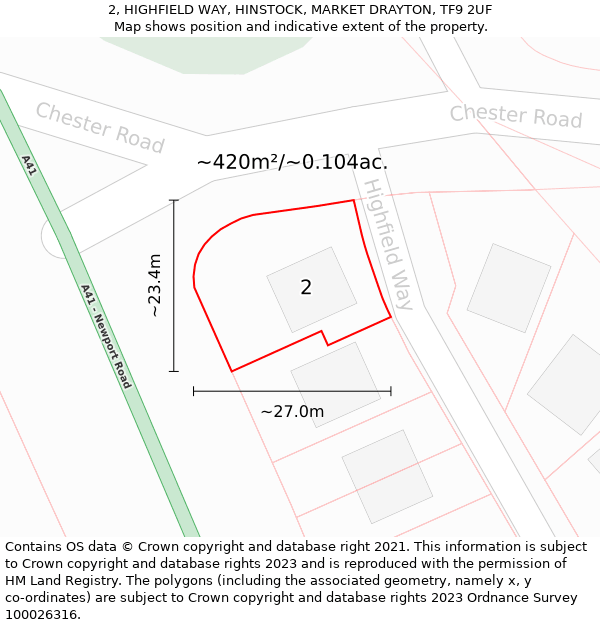 2, HIGHFIELD WAY, HINSTOCK, MARKET DRAYTON, TF9 2UF: Plot and title map