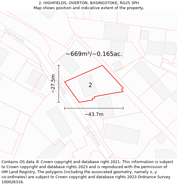 2, HIGHFIELDS, OVERTON, BASINGSTOKE, RG25 3PH: Plot and title map