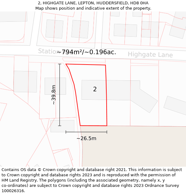 2, HIGHGATE LANE, LEPTON, HUDDERSFIELD, HD8 0HA: Plot and title map