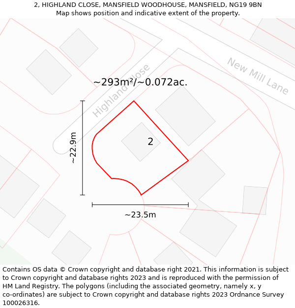 2, HIGHLAND CLOSE, MANSFIELD WOODHOUSE, MANSFIELD, NG19 9BN: Plot and title map