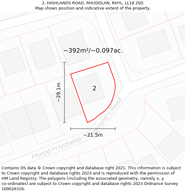 2, HIGHLANDS ROAD, RHUDDLAN, RHYL, LL18 2SD: Plot and title map