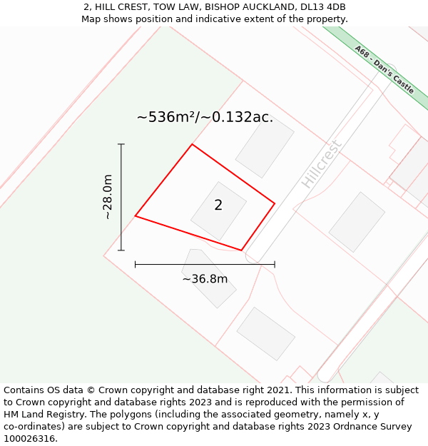 2, HILL CREST, TOW LAW, BISHOP AUCKLAND, DL13 4DB: Plot and title map