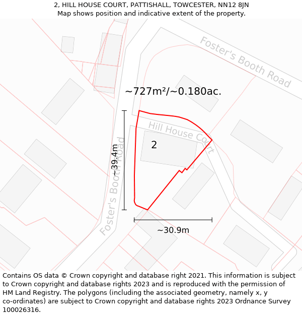 2, HILL HOUSE COURT, PATTISHALL, TOWCESTER, NN12 8JN: Plot and title map