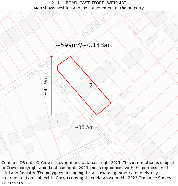 2, HILL ROAD, CASTLEFORD, WF10 4BT: Plot and title map