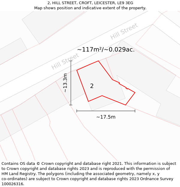 2, HILL STREET, CROFT, LEICESTER, LE9 3EG: Plot and title map